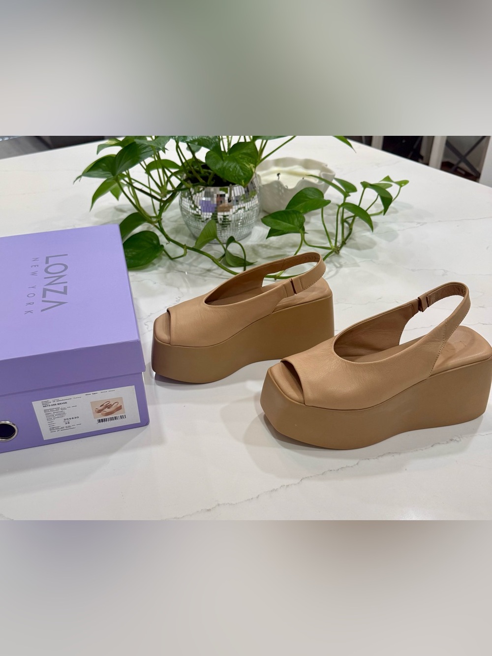 LONZA Ariadna Tan Platform Slingback Peep-Toe Wedges, size 6 - Picture 11 of 15